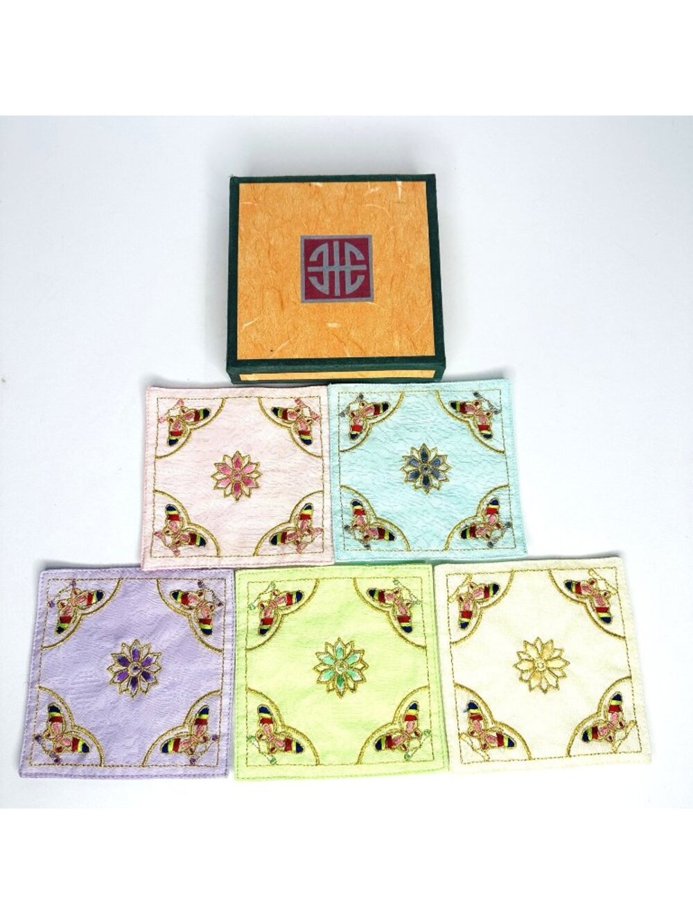 Korean Handmade Coasters Set of 5 Embroidered Sewn Flowers Butterflies Colorful